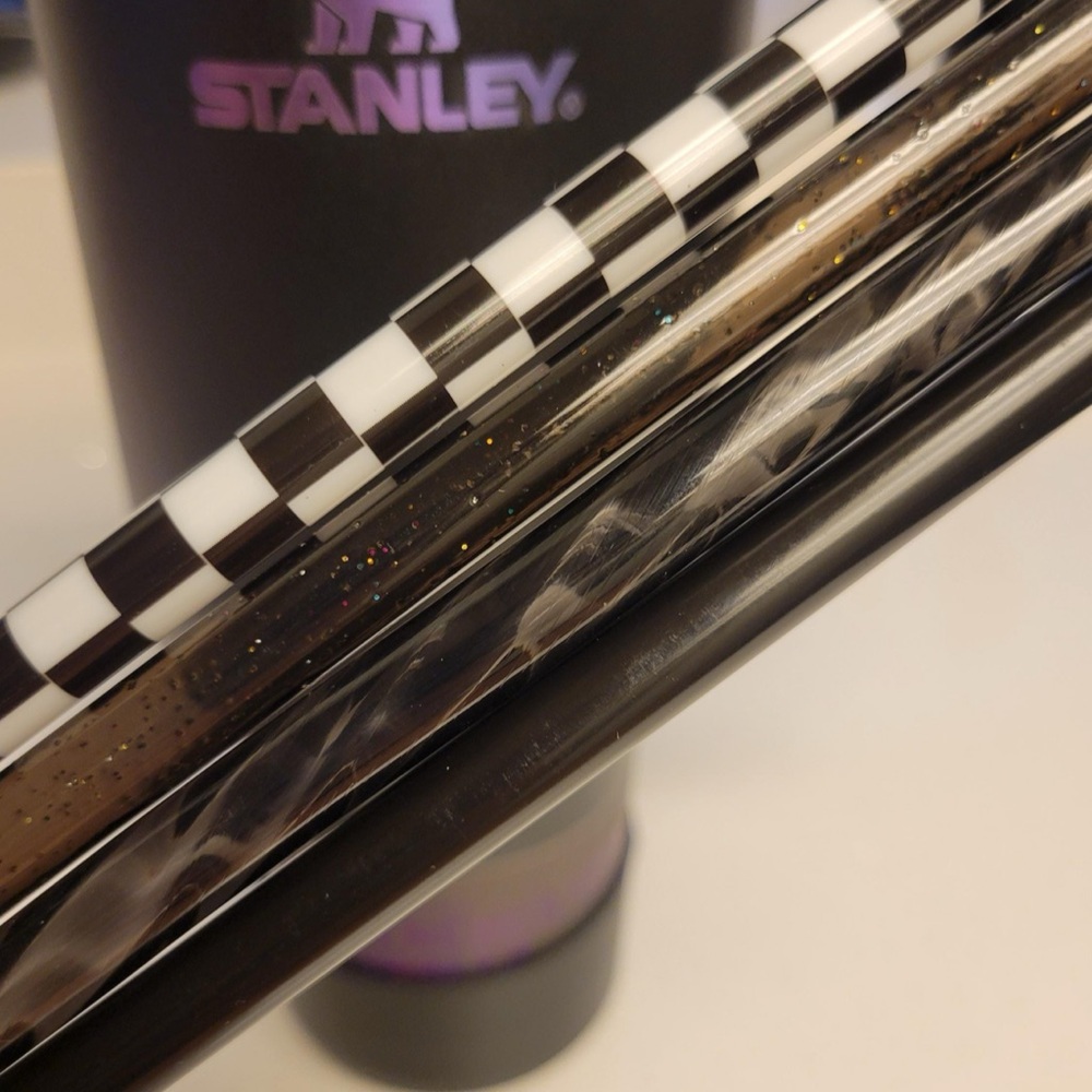 12” 10mm/fat straw set-Black/white checkered print-glitter-shiny glass look